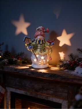 Festive Ceramic Snowman Lantern with Star Cutouts- Tea Light Holder
